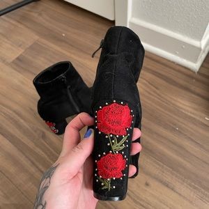 Embroidered Rose Peep Toe Bootie